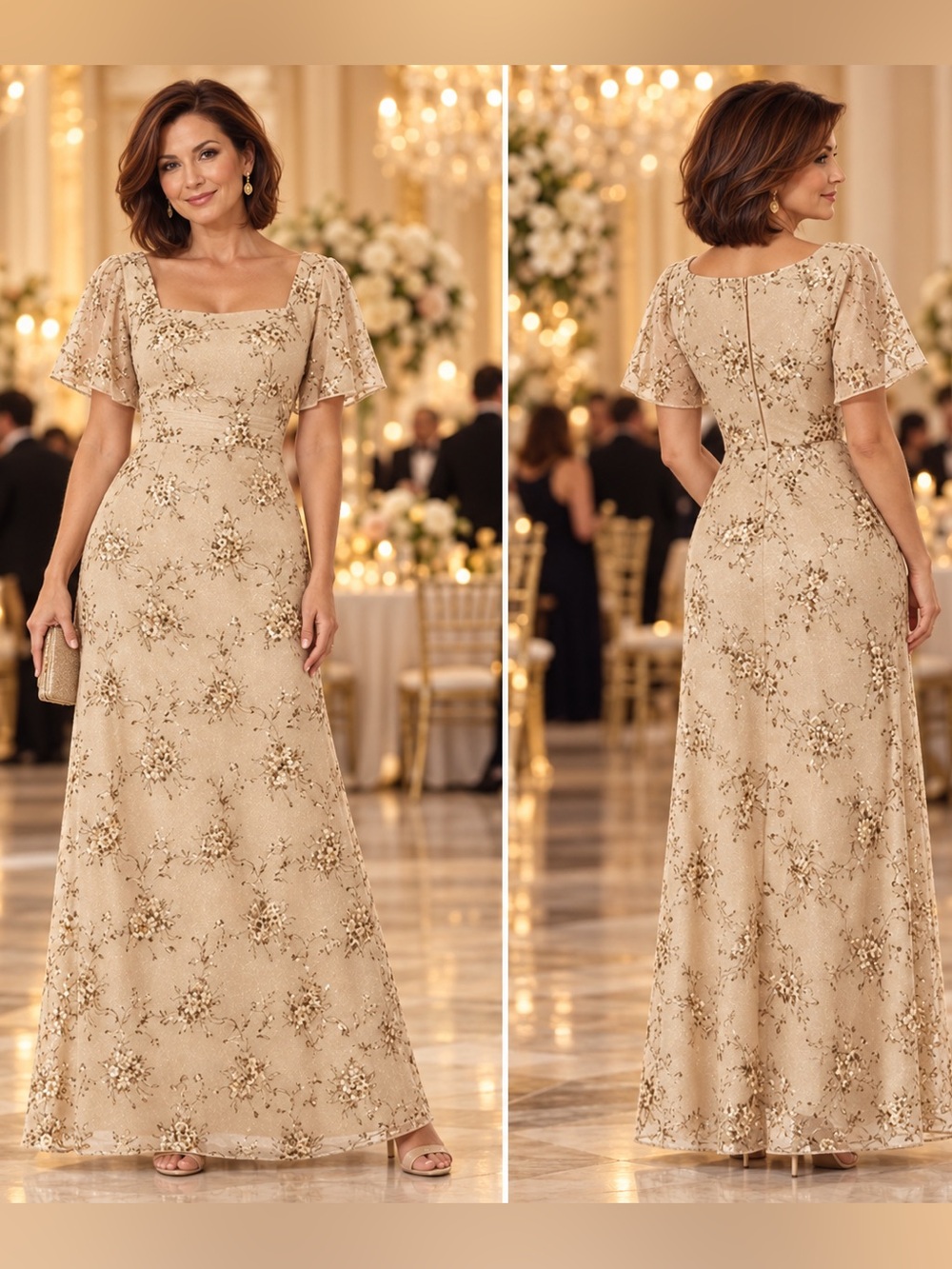 JS Collections Daphne Gold Floral Sequin Flutter Sleeve Formal Gown 6 NWT